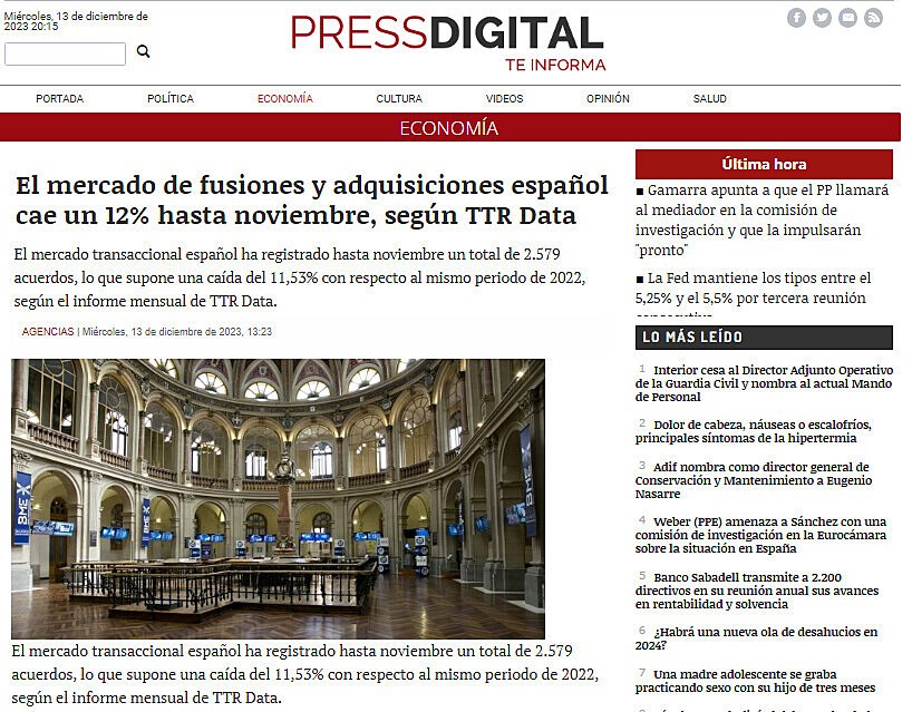 El mercado de fusiones y adquisiciones espaol cae un 12% hasta noviembre, segn TTR Data
